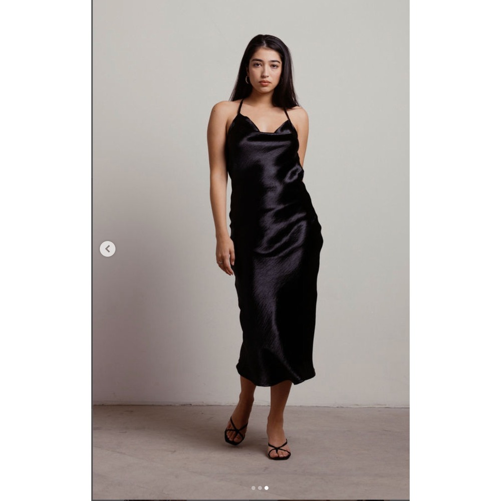 Tobi's So Shiny Satin Cross Back Midi Dress Small Black Glam Event Whimsigoth